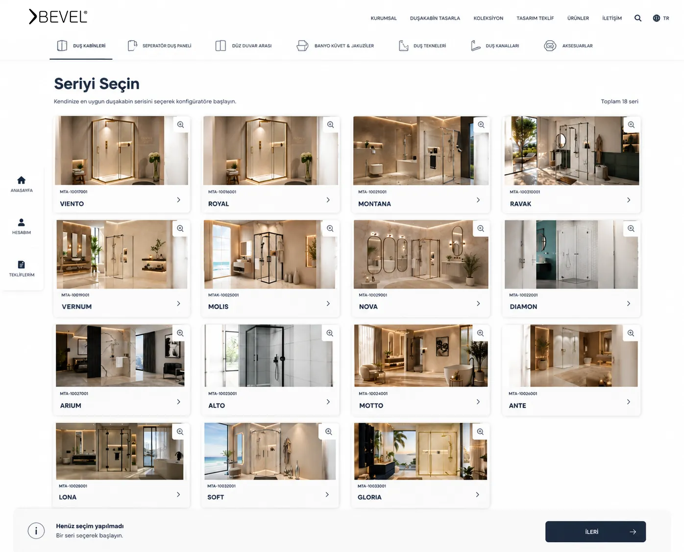 BEVEL online duşakabin model seçimi