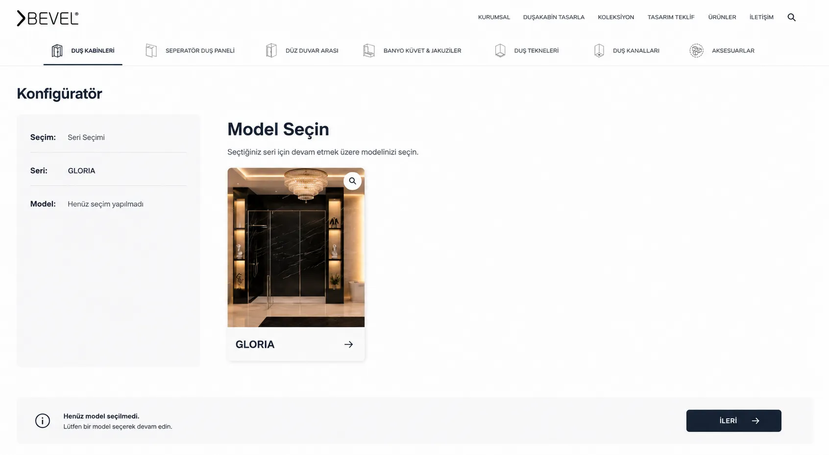 BEVEL duşakabin seri seçimi