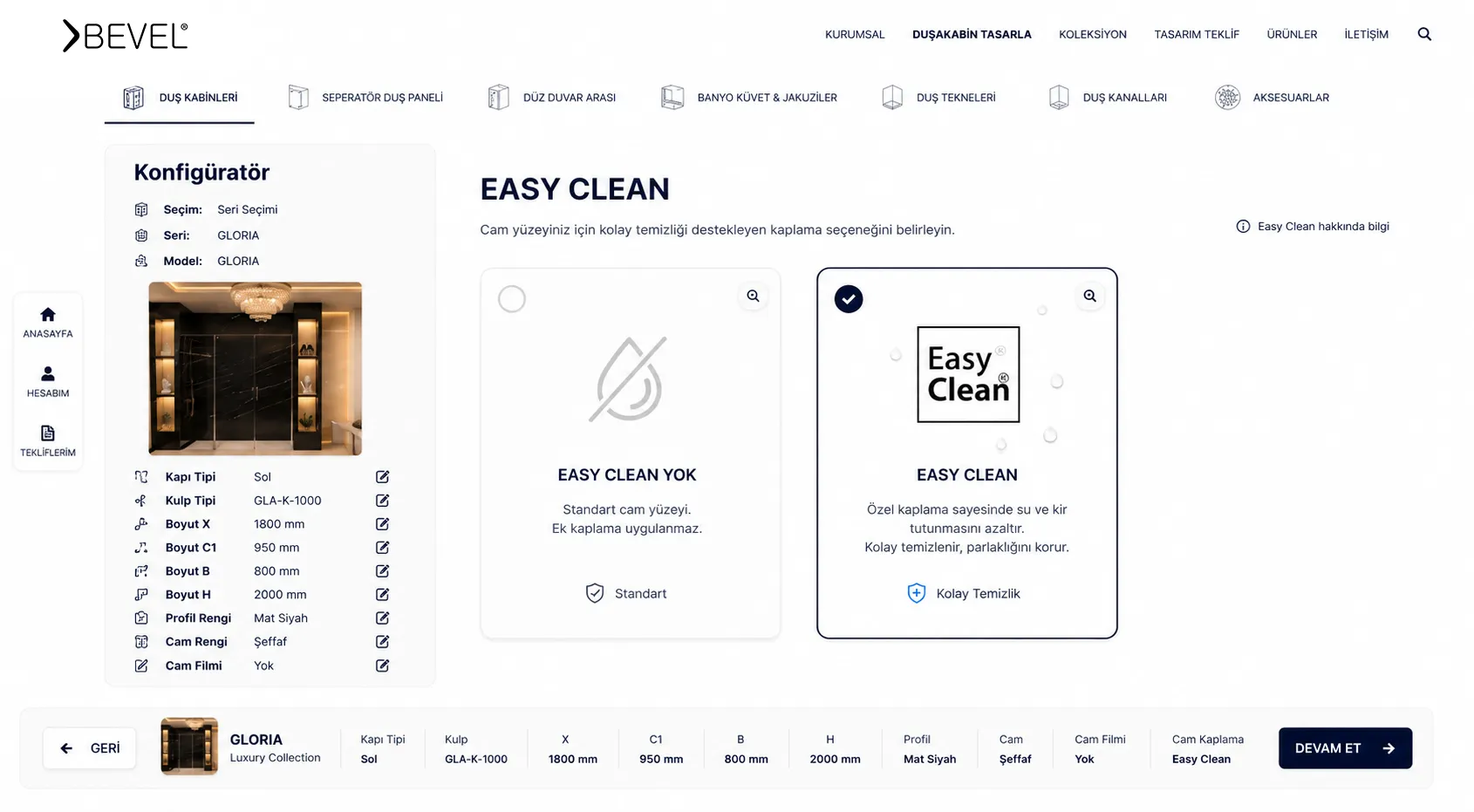 Easy Clean cam teknolojisi seçimi