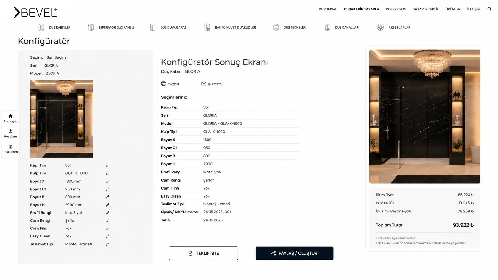 Duşakabin fiyatlandırma ekranı